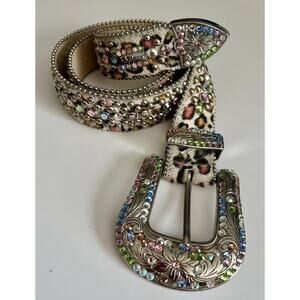 B.B. Simon XL Leopard Pony Hair Belt Swarovski Western Y2K McBling 1857 A12